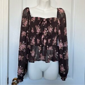 Trixxi XL Floral Chiffon Blouse Smocked Brown Longsleeves Off-the-Shoulder  ౨ৎ